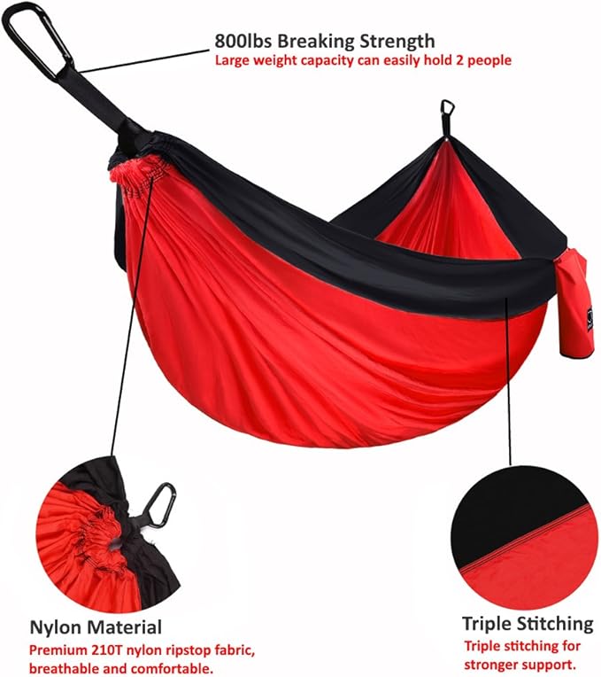 Gold Armour Camping Hammock - XL Double Hammock Portable Hammock Camping Accessories Gear for Outdoor Indoor with Tree Straps, USA Based Brand (Red and Black) GoldArmour