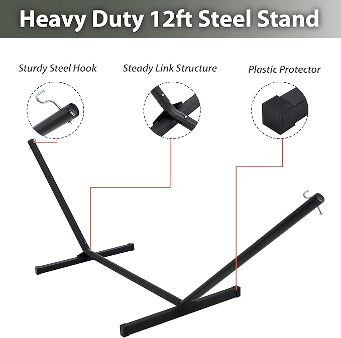 Two Person Hammock with Stand for Outside Heavy Duty, Outdoor Patio Hammock with Portable Steel Stand, Large Double Hammocks,480lbs Capacity.(Grey Stripes) HomgavaLiveWhatYouLove