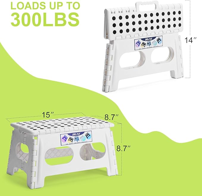 Delxo 9 Inch Folding Step Stool for Kids and Adults,15-Inch Extra Wide Height Large Platform Heavy Duty Stepping Stool More Safe and Comfortable Non Slip Foldable Step Stool White Delxo