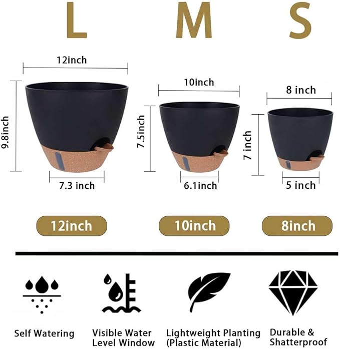Self-Watering Plant Pots for Indoor Plants: 8/10/12 Inch Large Plastic Planter with Water Level Indicator, Drainage Holes & Deep Reservoir, Modern Decorative Flower Pot (Black) THEJIYUE
