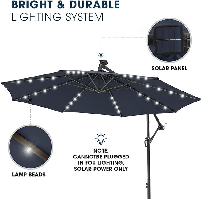 wikiwiki 10ft Solar LED Patio Umbrella with Base Included, Offset Umbrella with Weighted Sandbag Base, Cantilever Patio Umbrella for Backyard, Garden & Deck, 32 LED Lights & Polyester Shade, Navy Blue WikiwikiPatioUmbrellas