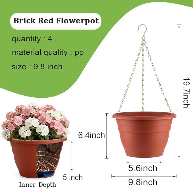 Hanging Planters 10 Inch, 4 Pcs Flower Pots with Drainage Hole, Self Watering Hanging Basket for Indoor Outdoor Plants, Decor, Pottery Red RooTrimmer