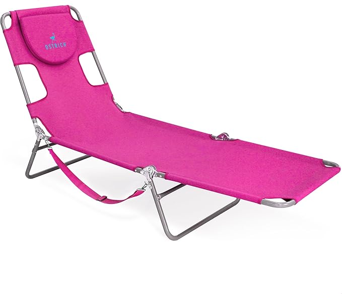 Ostrich Beach Lounge Chair, Folding & Reclining Outdoor Chaise Lounger, Pink - Portable Adjustable Recliner Chair for Lawn, Pool, Patio, Garden, and Yard OstrichProducts