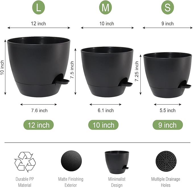 Large Self Watering Pots, 12/10/9 Plastic Planters with High Drainage Holes and Deep Reservoir for Indoor Outdoor Garden Plants and Flowers, Black UOUZ