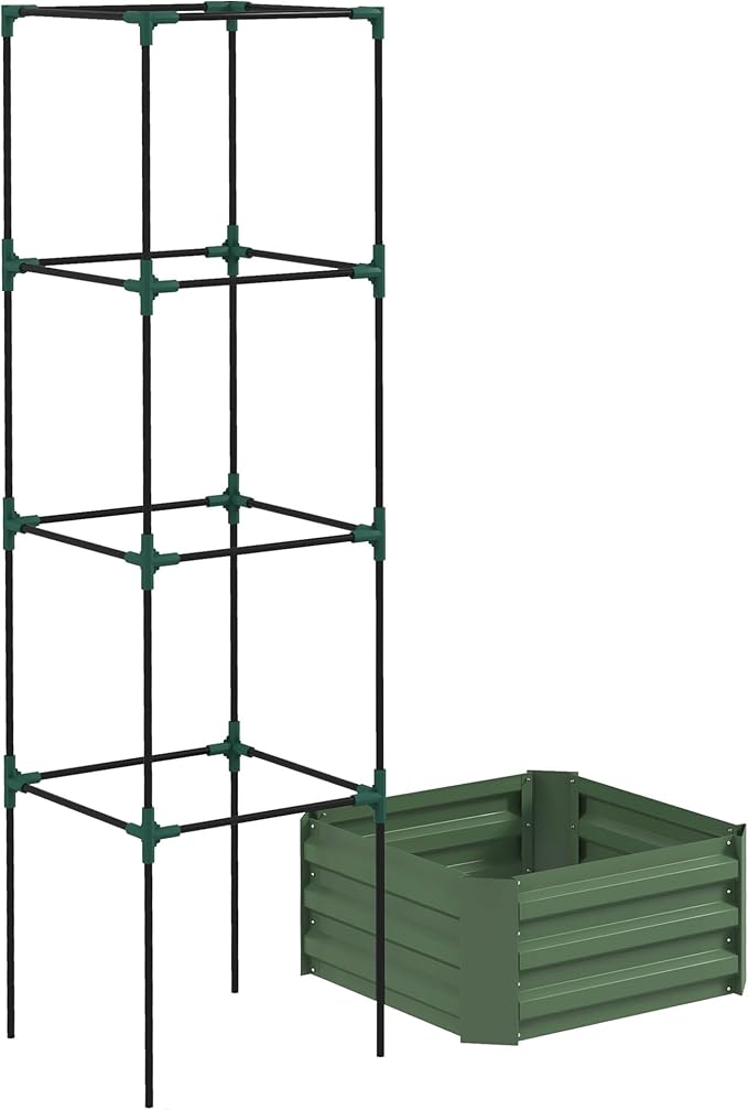 Outsunny Galvanized Raised Garden Bed, 73.5" Tall Outdoor Planter Box with Trellis Tomato Cage and Open Bottom for Climbing Vines, Vegetables, Flowers in Backyard, Garden, Patio, Green Outsunny