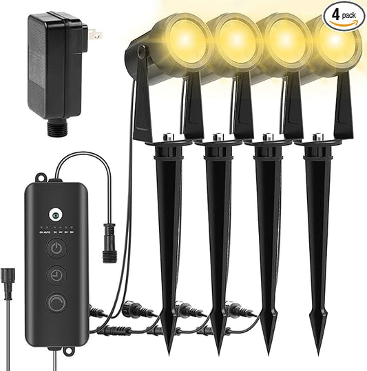 ZYAN Landscape Spotlights with Sensor, 5 Lighting Modes for Brightness Adjustment, Dimmable Timer Auto On Off, Low Voltage Outdoor IP65 Waterproof for Patio Yard Garden Pathway, Warm White (4 Pack) ZYAN