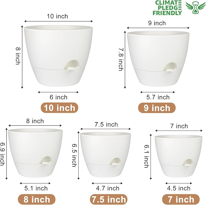 Plant Pots 10/9/8/7.5/7 Inch Self Watering Pots, Set of 5 Plastic Planters with Drainage Holes and Saucers,Plastic Flower Pots,Nursery Planting Pot for Indoor Out Door Plants(Pure White) QRRICA
