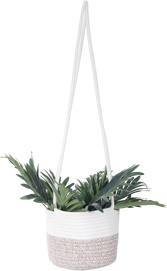 Hanging Planter Basket Jute Rope Woven Plant Hangers Indoor Hanging Plant Holder Up to 7" Pot Macrame Modern Storage Organizer Home Decor (White & Brown) RUIZHIXUAN