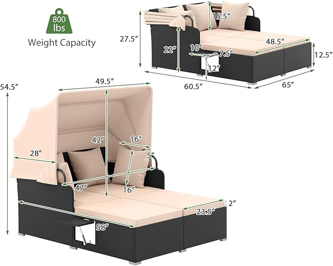 Tangkula Patio Rattan Daybed with Retractable Canopy, Outdoor Wicker Sunbed Lounger with 2 Foldable Side Tables, Thick Seat & Back Cushions, Outside Double Daybed for Garden, Backyard, Porch TANGKULA