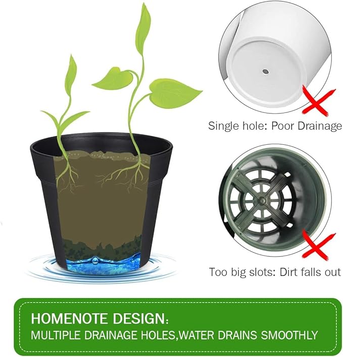 homenote Plant Pots,6 Inch Flower Pots for Plants Plastic Planters for Indoor with Multiple Drainage Holes and Trays, for All Home Garden Flowers Succulents,Outdoor(White&Black,16 Pack) HOMENOTE