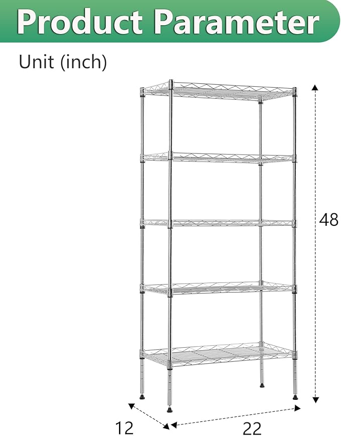 BestOffice | 5-Tier Wire Storage Shelves | 22x12x48 | Chrome | with Adjustable Racks | Heavy-Duty Metal Shelf, Holds Upto 750 lbs | No-Tool Assembly | Ideal for Home & Garage Shelving BestOffice