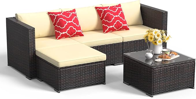 Aiho Patio Furniture Set All Weather Outdoor Sectional Patio Sofa Set with Tempered Coffee Table, for Backyard Porch, Beige AIHO