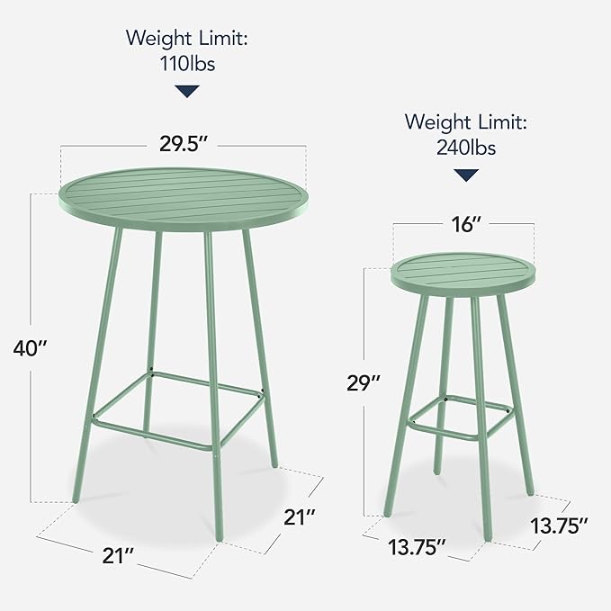 Best Choice Products 3-Piece Patio Dining Set, Bar Height, Outdoor Bistro Set, Outdoor Round Bar Table w/ 2 Bar Stools, Steel - Sage BestChoiceProducts