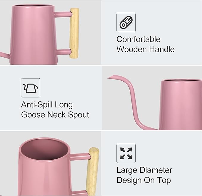 Watering Can Indoor Plants, 35 oz/1000 ml Metal Stainless Steel Watering Can Pot with Long Spout for Indoor House Plants Bonsai Outdoor Garden Flower Decorative (Pink) Rootora