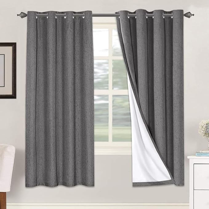 H.VERSAILTEX Linen Blackout Curtains 72 Inches Long 100% Absolutely Blackout Thermal Insulated Textured Linen Look Curtain Draperies Anti-Rust Grommet, Energy Saving with White Liner, 2 Panels, Grey HVERSAILTEX