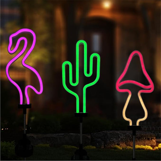 Flamingo Cactus and Mushroom Solar Garden Stake Lights Outdoor Waterproof Neon Lights Decoration,Outdoor Solar Pink Flamingos Lights for Outside,Yard,Pathways,Patio, Lawn or Landscaping Decor(3pcs) Rootora