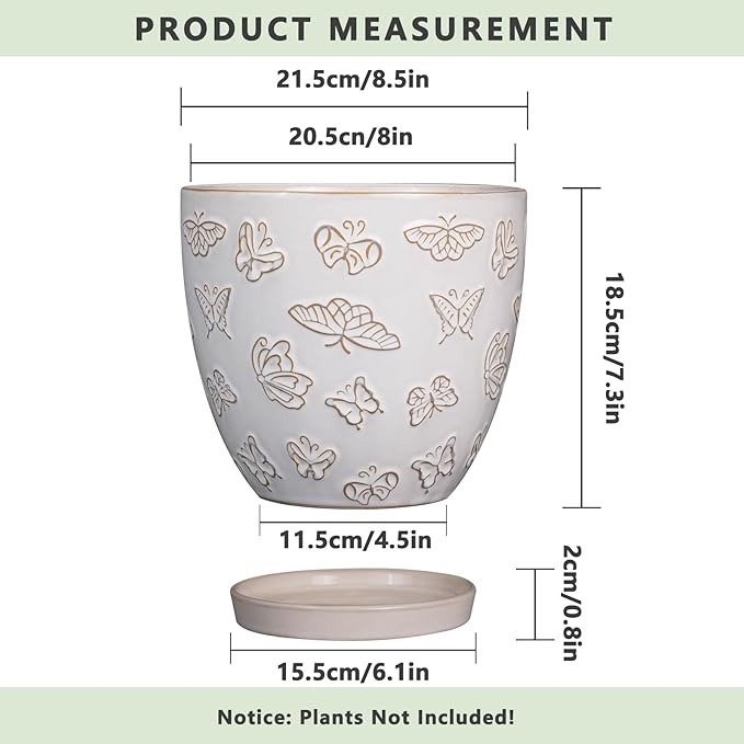 Ceramic Planter 8 Inch - White Plant Pot with Drainage Hole and Saucer Modern Flower Pot for Indoor Outdoor Plants EPFamily