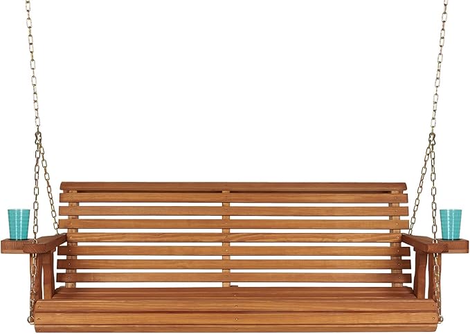 Amish Casual 5 Foot Roll Back Heavy Duty Wooden Porch Swing with Cup Holders in Cedar Stain - Amish Made in The USA from Treated Pine, Outdoor Hanging Bench Swing with 700 Lb. Weight Capacity AmishCasual