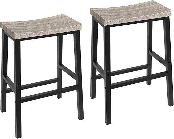 HOOBRO Bar Stools, Set of 2 Chairs, 23.6 Inch Saddle Kitchen Counter Stools With Footrests, Industrial for Dining Room, Kitchen, Counter, Bar, Greige and Black BG02MD01 HOOBRO