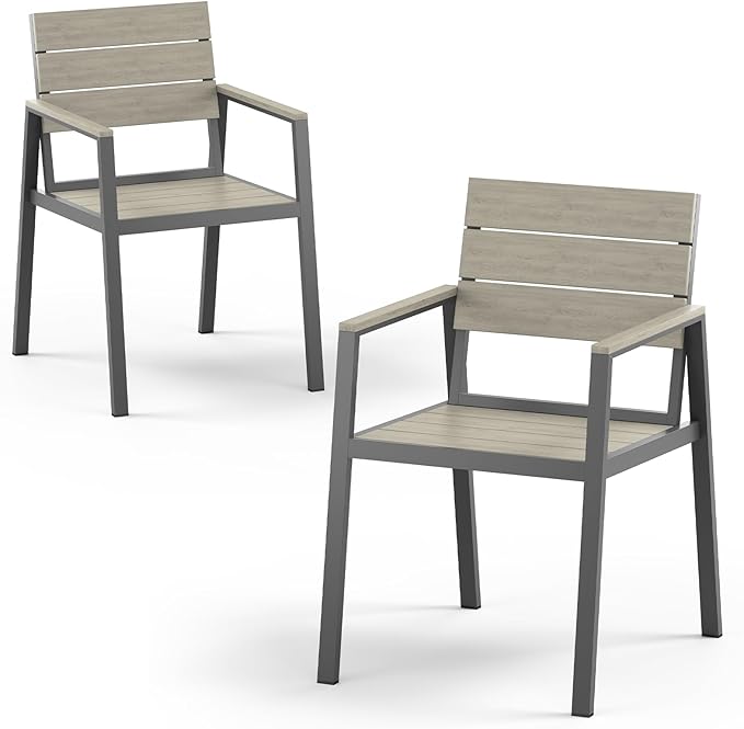 Outdoor Dining Chairs Set of 2, HDPS + Aluminum Patio Dining Chairs with Ergonomic Design and Wide Seat, 2 Piece Outdoor Chairs for Garden, Backyard, Deck (Gray) Vexwalx