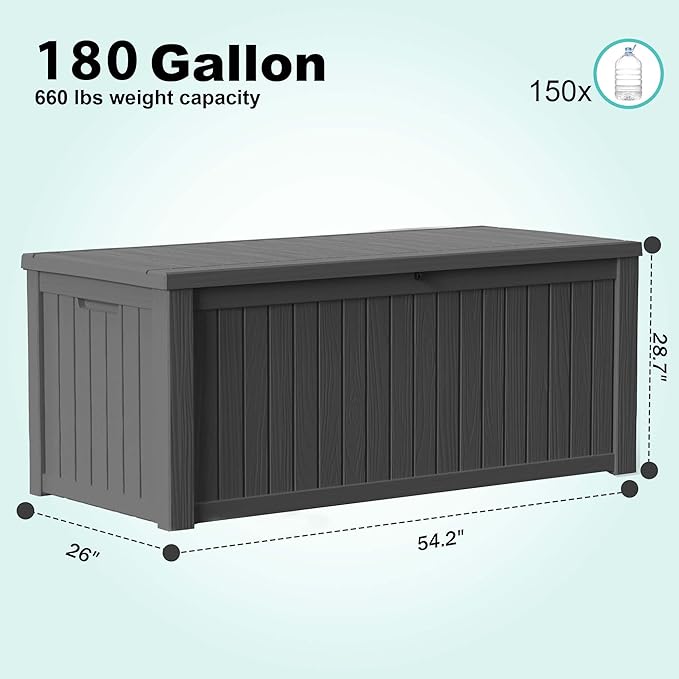 180 Gallon Resin Deck Box, Lockable Weatherproof Outdoor Storage Box for Furniture, Garden Tools and Tools Storage, Waterproof Outside Storage Boxes - Black OutdoorLivingPerfected