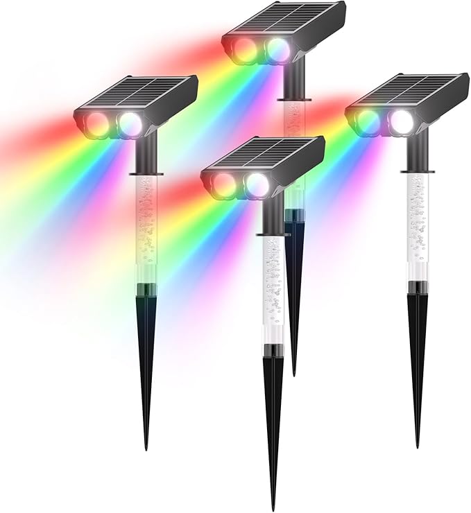 Color Changing Solar Spot Lights Outdoor with PC Light Guide Column, 8 Lighting Modes Christmas Outdoor Spotlight, IP65 Waterproof RGB Solar Spotlight for Garden Yard Tree Pathway, 4Pack Rootora