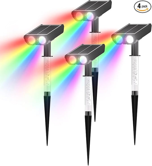 RGB Solar Spot Lights : 2 IN 1 Solar Lights Outdoor with 8 Lighting Modes & PC Light Guide Column for Tree Garden Yard Pathway | RGB Color Changing Landscape Lights | IP65 Waterproof | 4 Pack Rootora