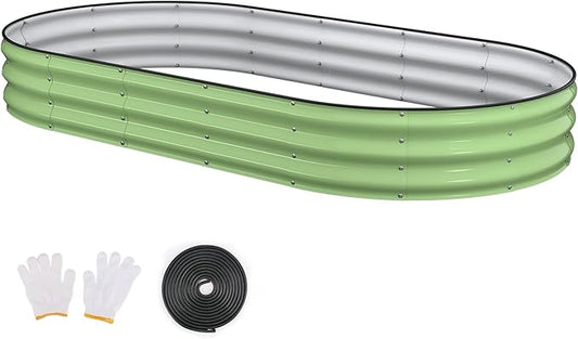 Raised Garden Bed, 8x4x1ft Galvanized Outdoor Planter Beds with Safety Edging and Gloves, Oval Metal Planter Box for Gardening Vegetables Flowers Herb-Green Patiobay