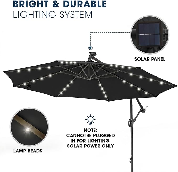 wikiwiki 10ft Solar LED Patio Umbrella with Base Included, Offset Umbrella with Weighted Sandbag Base, Cantilever Patio Umbrellas for Backyard, Garden & Deck, 32 LED Lights & Polyester Shade, Black WikiwikiPatioUmbrellas