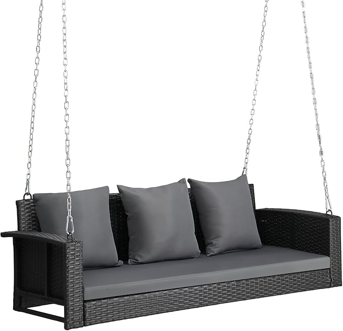 Outvita Porch Swing, 5FT Hanging Outdoor Porch Swings for Adults, Wicker 3 Person Patio Swing, with Cushion, Pillow and Chain for Garden, Backyard, Weight Capacity - 1000lbs Outvita