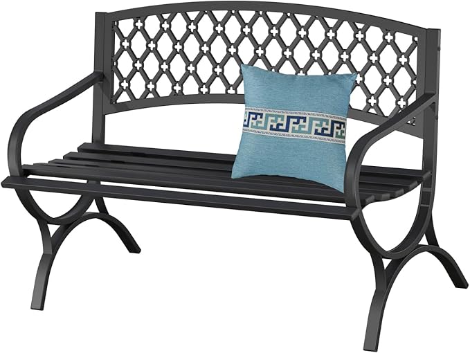 On Shine 50'' Patio Garden Bench, Loveseats Patio Park Bench,Black Steel Cast Iron Frame Bench,Metal Bench Outdoor for Porch Yard Lawn Deck (Grid) Rootora