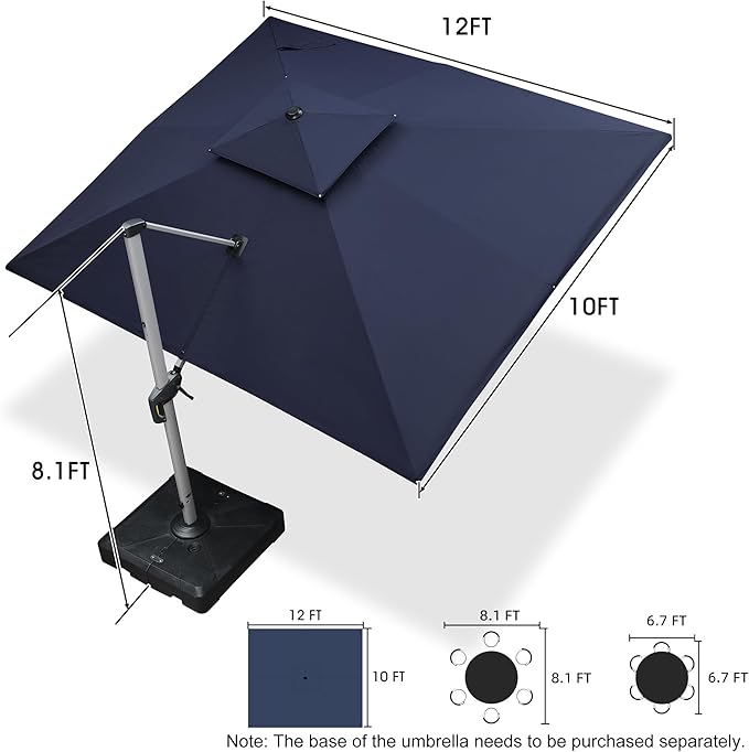 PURPLE LEAF 10' X 12' Patio Umbrella Outdoor Rectangle Umbrella Large Cantilever Umbrella Windproof Offset Heavy Duty Sun for Garden Deck Pool Patio, Navy Blue PURPLELEAF