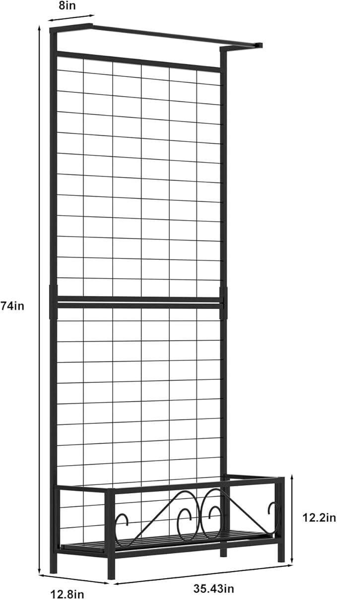 Zhongma Metal Planter with Trellis Raised Bed with Trellis for Vine Climbing Plants Flowers(12.8 x 35.43 x 74 in), 74 Inch Height Privacy Screen with Hanging Plant Pot Shelf Zhongma