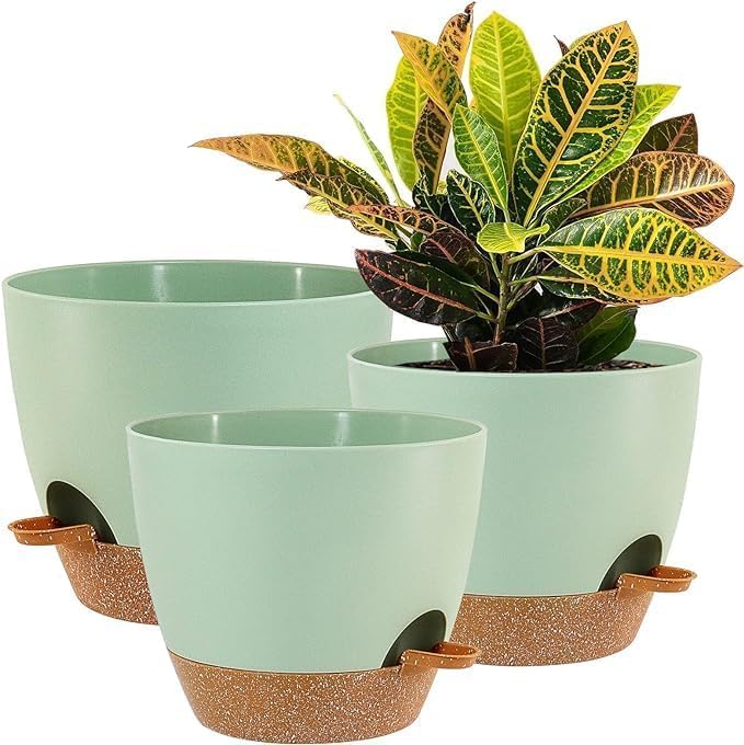 10/9/8 inch Self Watering Pots, Set of 3 Plastic Planters with Mesh Drainage Holes and Deep Reservoir for Indoor Outdoor Garden Plants and Flowers, Green with Brown UOUZ