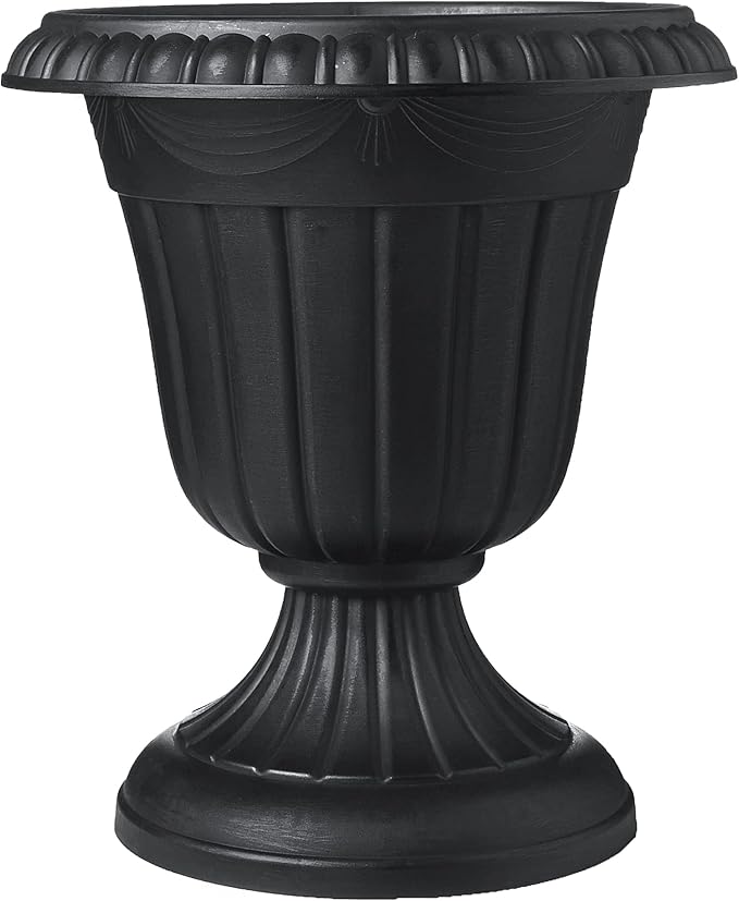 Arcadia Garden Products PL10BK Classic Traditional Plastic Urn Planter Indoor/Outdoor, 15" x 13", Black Rootora