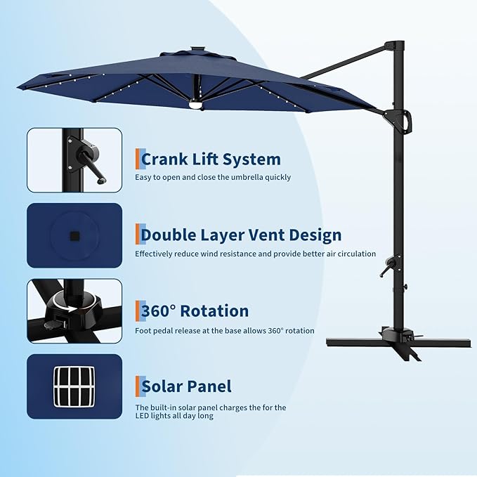 Garvee 10 ft Cantilever Patio Umbrella with Solar Lights, 360° Rotation Offset Umbrella, Easy Crank & Tilt Adjustment, UV Protection for Backyard, Poolside, Deck -Navy Blue Garvee