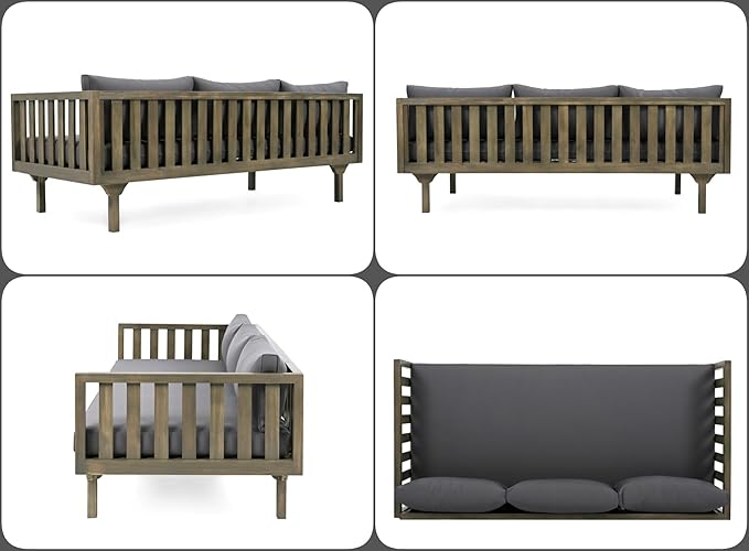 Merax Outdoor 3 Seater Daybed, Acacia Wood Day Bed Couch Sofa with Cushions for Patio Backyard, Garden, Dark Grey Merax