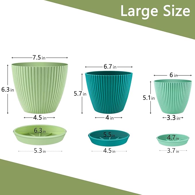 SupKing Large Plant Pots 7.5/6.7/6 Inch Set of 3, Plastic Flower Pots Planters with Drip Trays and Multi Mesh Drainage Holes Multicolor Nursery Planting Pot for Indoor Outdoor Garden Plants SupKing