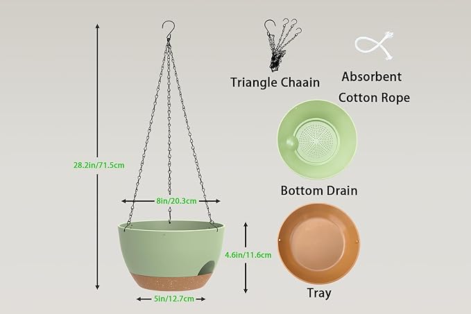 Hanging Planters 3-Pack, 8 Inch Self-Watering Hanging Pots with Drainage Hole and Chains, Plastic Planters for Indoor Outdoor（Green Brown） Rootora