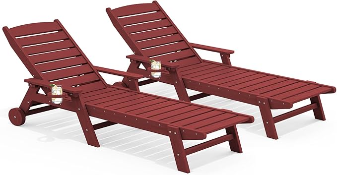 SERWALL Patio Chaise Lounge Chair Set of 2, 78'' Long 5-Positions Adjustable HDPE Outdoor Lounger for Pool, Poly Lounge Chair with Rolling Wheels & Cup Holder for Poolside, Deck, Dark Red SERWALL