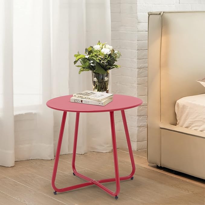 Patio Small Side Table Waterproof Round Metal Steel Weather Resistant Portable Outdoor and Indoor End Table for Garden Balcony Yard, Red Meluvici