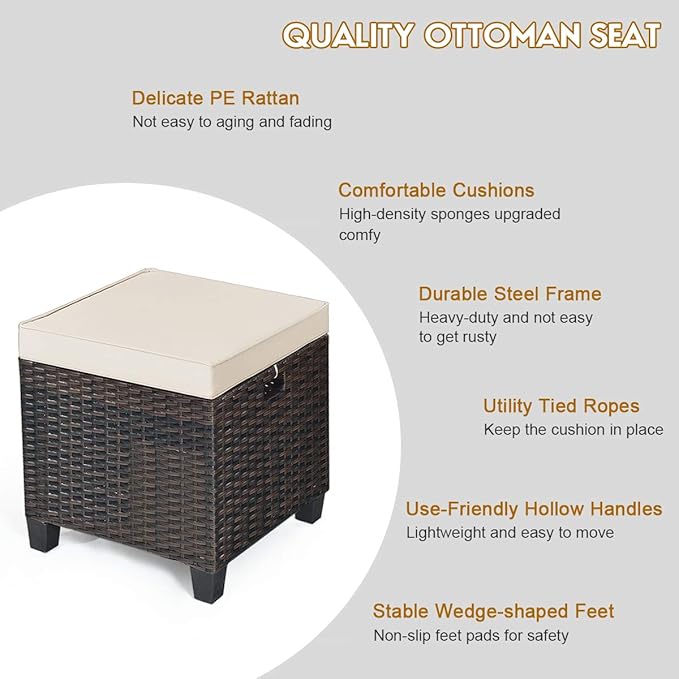 Tangkula 2 Pieces Outdoor Patio Ottoman, All Weather Rattan Wicker Ottoman Seat, Patio Rattan Furniture, Outdoor Footstool Footrest Seat w/Removable Cushions TANGKULA