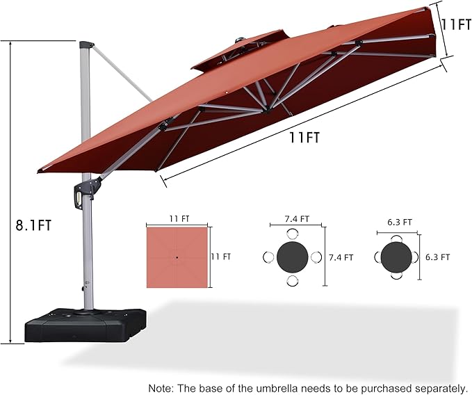 PURPLE LEAF 11 Feet Double Top Deluxe Square Patio Umbrella Offset Hanging Umbrella Cantilever Umbrella Outdoor Market Umbrella, Brick Red PURPLELEAF
