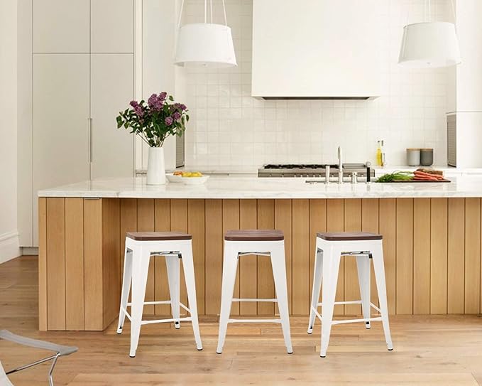 FDW Metal Bar Stools Counter Height Barstool Stackable Barstools Indoor Outdoor Patio Bar Stool Home Kitchen Dining Stool Backless Bar Chair (White with Wood, 24") FDW