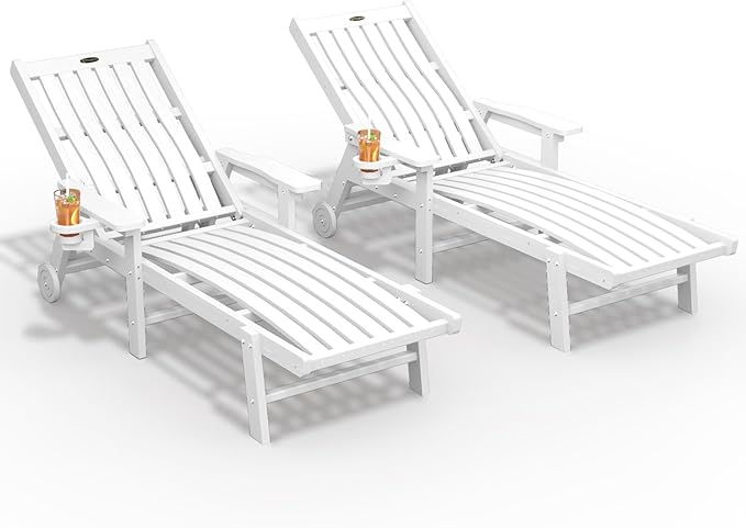 Patio Chaise Lounge Chair Set of 2, Oversized Lounge Chair Outdoor with 5 Positions, HDPE, Patio Lounge Chair with Wheels & Cup Holder for Pool, Deck, Poolside,White THOEOE