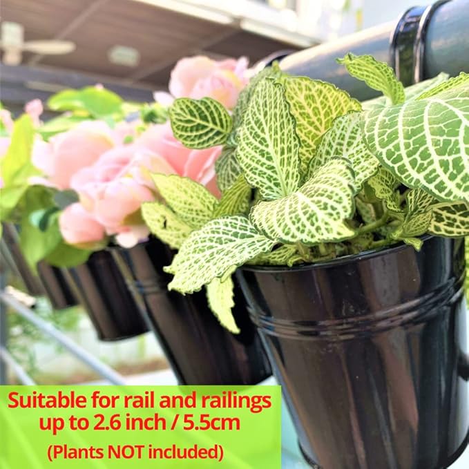 LaLaGreen Railing Planter 10 Pack, 6 Inch Hanging Flower Pot Black, Outdoor Large Metal Iron Fence Bucket, Balcony Garden Wall Deck Porch Patio Rail Decor Hanger Hook Farmhouse Balcony 6'''' (15cm) L%C3%A1L%C3%A1Green