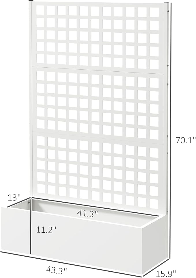 Outsunny Galvanized Raised Garden Bed with Trellis, Metal Planter Box with Drainage Holes, Outdoor Privacy Screen for Climbing Plants, Vegetable, Vines, 43" x 16" x 70", White Outsunny