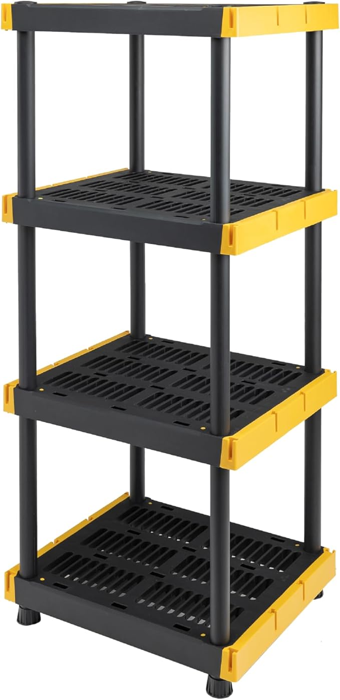 BLACK & YELLOW 4-Tier Heavy Duty Plastic Storage Shelves that Support up to 100lbs/shelf, Organization and Storage, Weather-Resistant Design, Easy Assembly, Made in The USA (55H x 24W x 20D) BLACK+%26+YELLOW