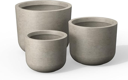 Kante 13",11",9" Dia Weathered Concrete Round Planters (Set of 3), Outdoor Indoor Modern Planter Pots, Lightweight, Weather Resistant, Seamless with Drainage Hole Kante