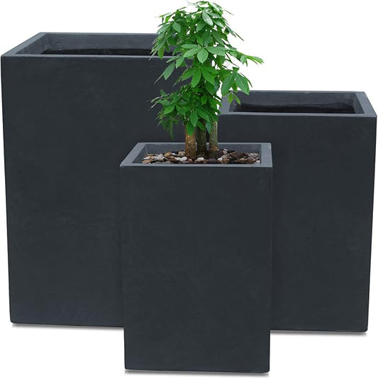 Kante 18.5",15.7",12.6" H Tall Rectangular Concrete Planters Set of 3, Outdoor Indoor Lightweight Plant Pots with Drainage Hole and Rubber Plug, Modern Style for Home Garden Patio, Charcoal Kante